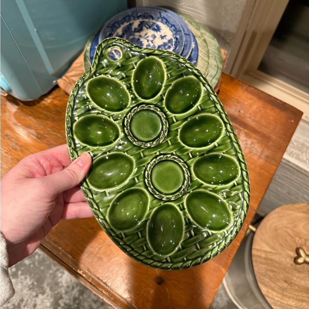 Vintage Japanese Green Ceramic Egg Platter